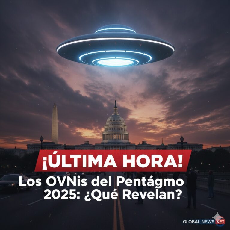 OVNI platillo volador sobre el Capitolio y el Monumento a Washington, con texto '¡Última Hora! Los OVNIs del Pentágono 2025: ¿Qué Revelan? - registrosdelmisterio.com'