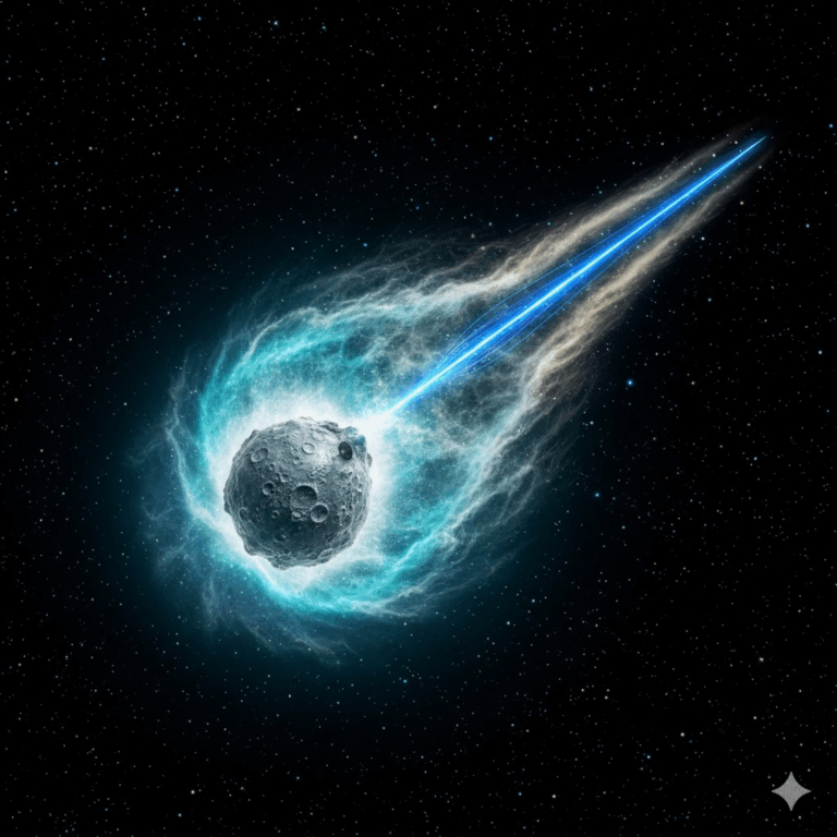 Ilustración del cometa 3I/ATLAS y su anticola anómala. / Illustration of comet 3I/ATLAS and its anomalous anti-tail.