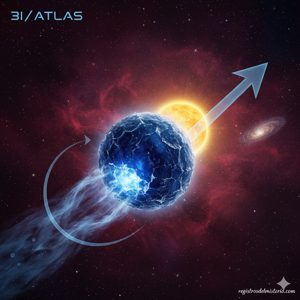 Ilustración artística del visitante interestelar 3I/Atlas, un cometa azul que muestra una aceleración anómala y misteriosa mientras viaja por el espacio.