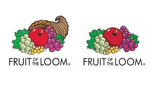 Ilustración comparativa del logo de Fruit of the Loom actual vs el recuerdo con la cornucopia o cuerno de la abundancia.