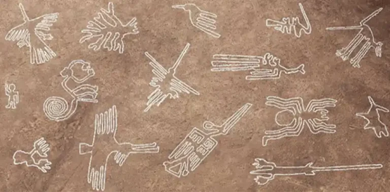 Mapa infográfico aéreo de las Líneas de Nazca en Perú mostrando la ubicación brillante de los geoglifos del Colibrí, el Mono y la Araña sobre el desierto oscuro.