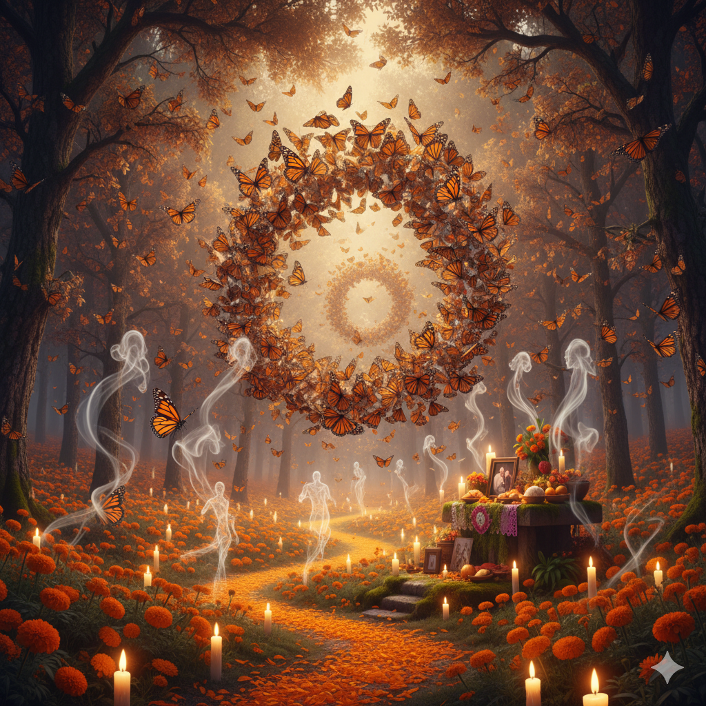 Una mariposa monarca sobre una flor de cempasúchil, ilustrando la leyenda de la mariposa monarca y el día de muertos.