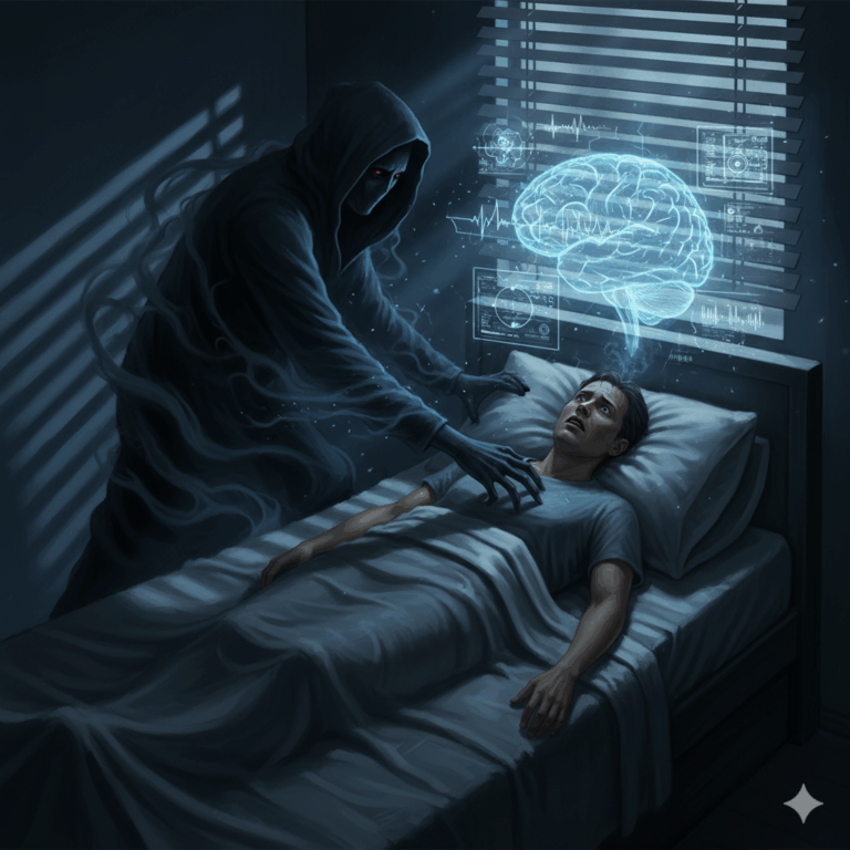 Representación de la parálisis del sueño con una 'gente sombra' acechando a un hombre en la cama y una ilustración de un cerebro, mostrando la dualidad entre ciencia y misterio.