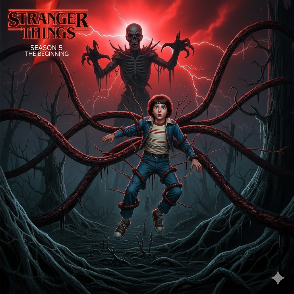 Ilustración de un joven Will Byers suspendido y atrapado por tentáculos oscuros en el Upside Down. Detrás de él, la silueta amenazante de Vecna se alza bajo un cielo rojo con relámpagos y el logo de Stranger Things.