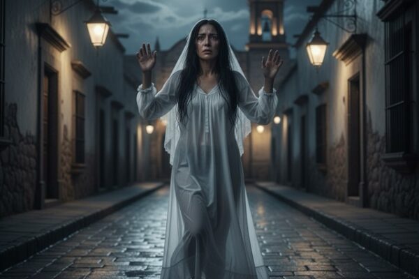 Fotografía realista de La Llorona, mujer de vestimenta blanca colonial, velo y expresión melancólica, vagando por un callejón empedrado de un pueblo mexicano bajo la luna llena, ideal para artículo de registrosdelmisterio.com.