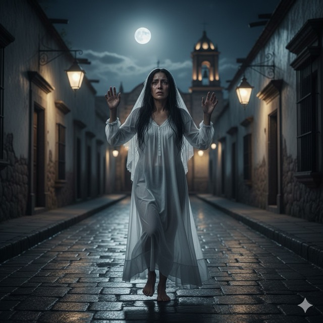 Fotografía realista de La Llorona, mujer de vestimenta blanca colonial, velo y expresión melancólica, vagando por un callejón empedrado de un pueblo mexicano bajo la luna llena, ideal para artículo de registrosdelmisterio.com.