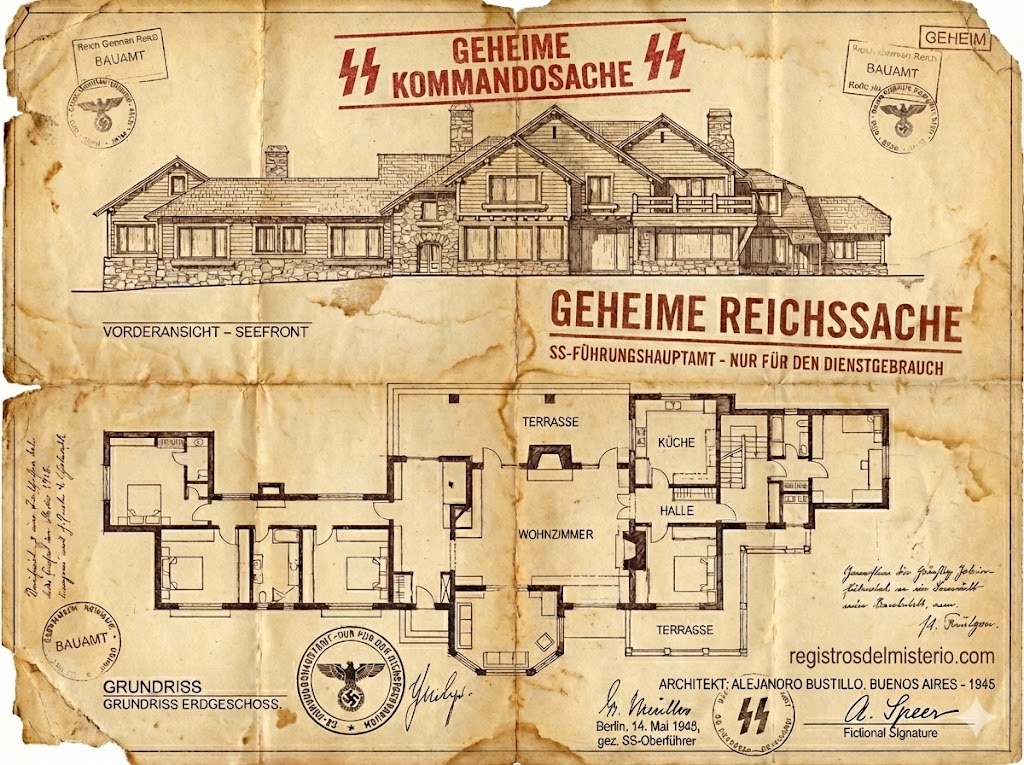 Plano arquitectónico antiguo y secreto de Casa Inalco 1945, con sellos nazis SS, firma de Albert Speer y Alejandro Bustillo, documento de misterio de Bariloche.