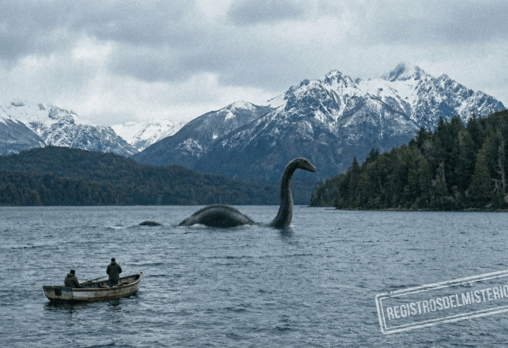 Fotografía granulada de estilo documental que muestra una gran criatura de cuello largo y jorobas emergiendo del agua en el Lago Nahuel Huapi, con un pequeño bote de pescadores observando y montañas nevadas de fondo. Representación de Nahuelito.