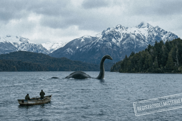 Fotografía granulada de estilo documental que muestra una gran criatura de cuello largo y jorobas emergiendo del agua en el Lago Nahuel Huapi, con un pequeño bote de pescadores observando y montañas nevadas de fondo. Representación de Nahuelito.