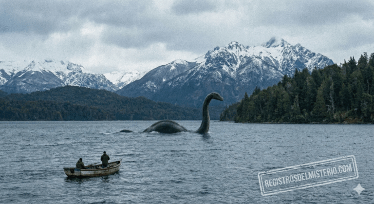 Fotografía granulada de estilo documental que muestra una gran criatura de cuello largo y jorobas emergiendo del agua en el Lago Nahuel Huapi, con un pequeño bote de pescadores observando y montañas nevadas de fondo. Representación de Nahuelito.