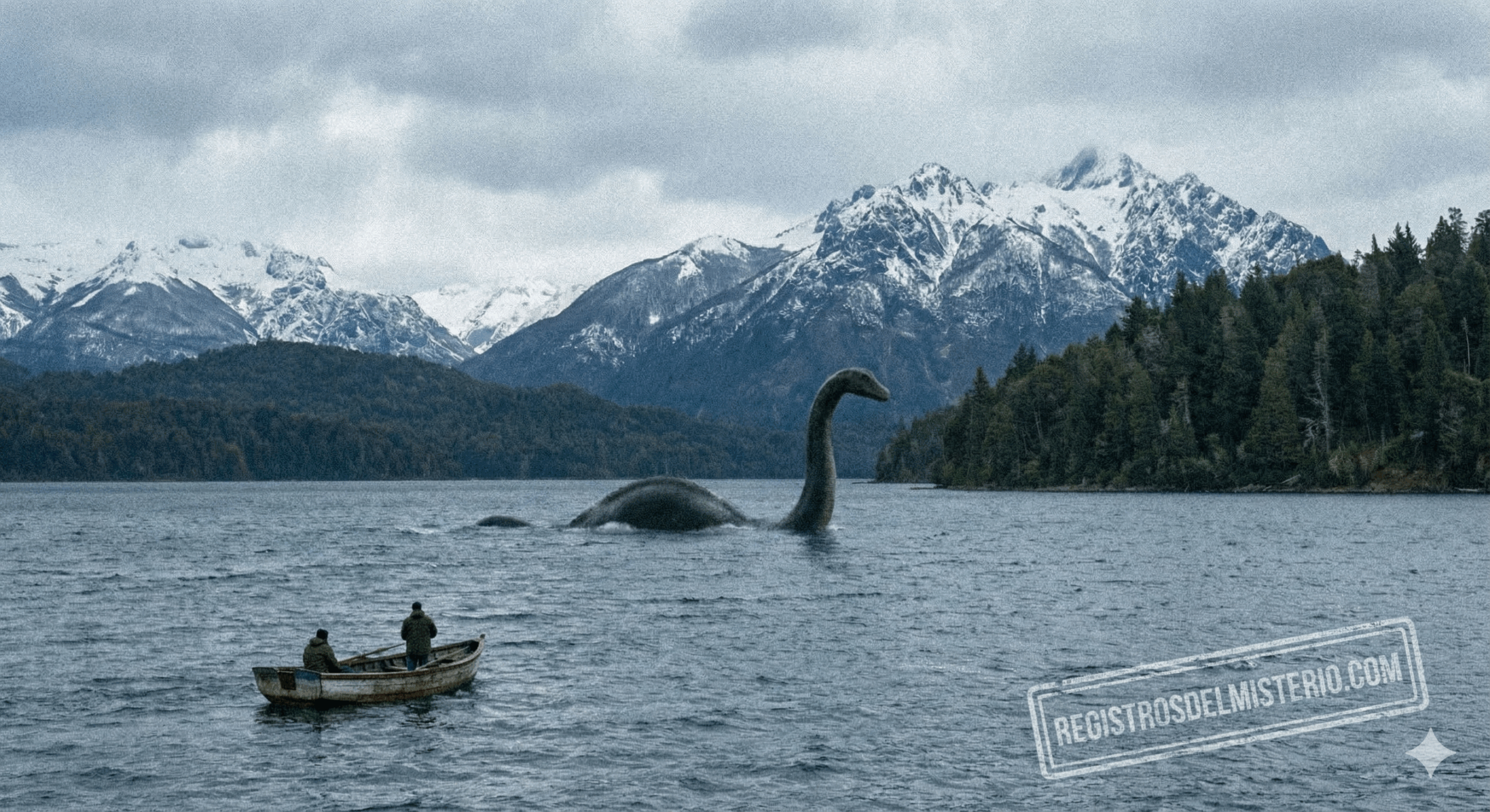 Fotografía granulada de estilo documental que muestra una gran criatura de cuello largo y jorobas emergiendo del agua en el Lago Nahuel Huapi, con un pequeño bote de pescadores observando y montañas nevadas de fondo. Representación de Nahuelito.