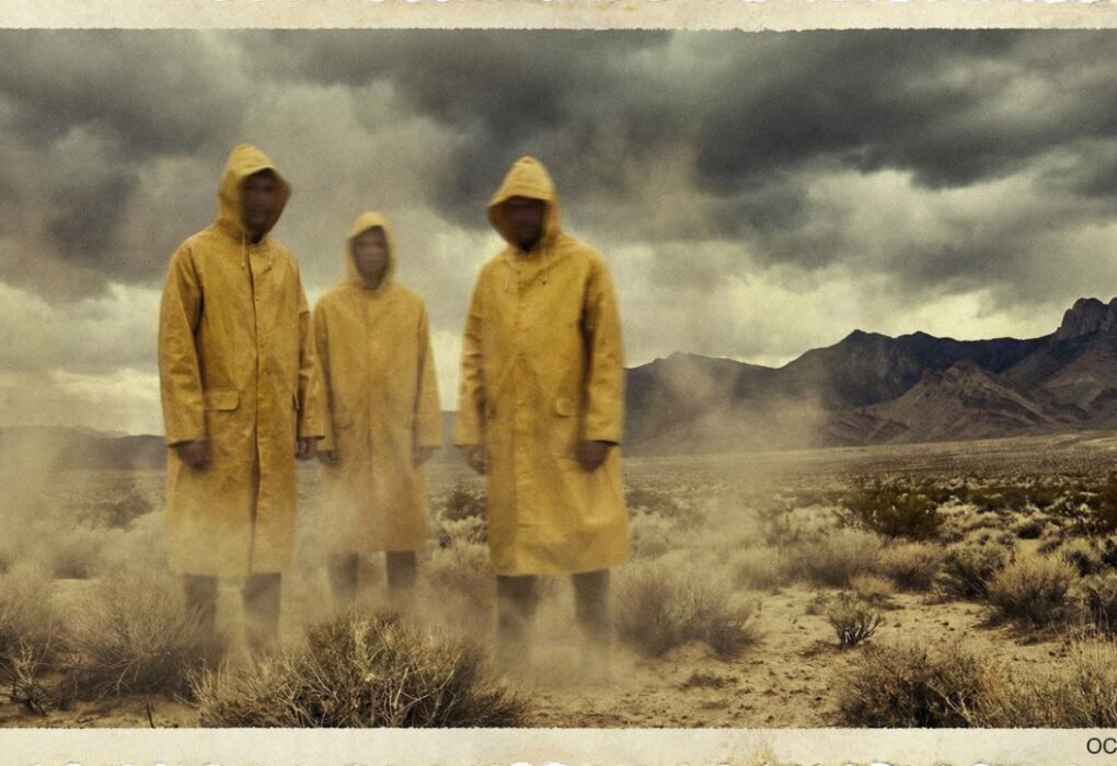 Arte conceptual estilo fotografía vintage granulada de los años 70, mostrando tres figuras humanoides altas y rubias con impermeables amarillos en un desierto tormentoso, representando a los "seres nórdicos" de la Zona del Silencio.