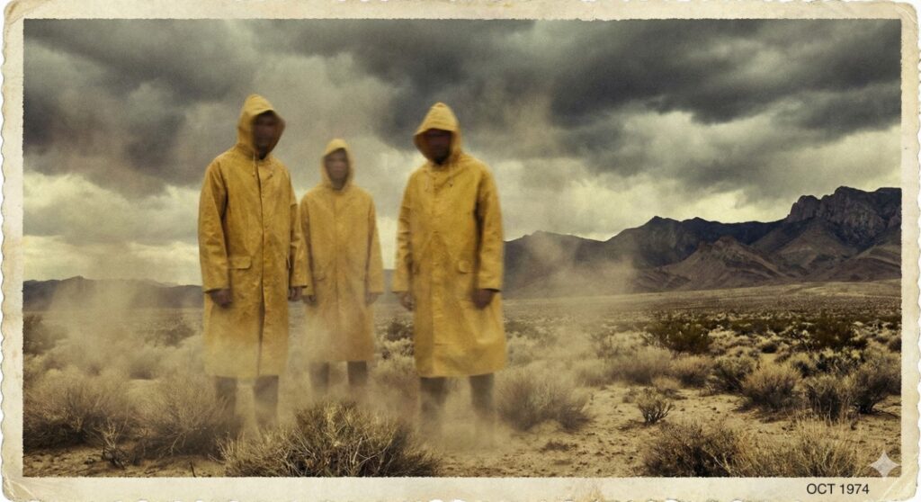 Arte conceptual estilo fotografía vintage granulada de los años 70, mostrando tres figuras humanoides altas y rubias con impermeables amarillos en un desierto tormentoso, representando a los "seres nórdicos" de la Zona del Silencio.