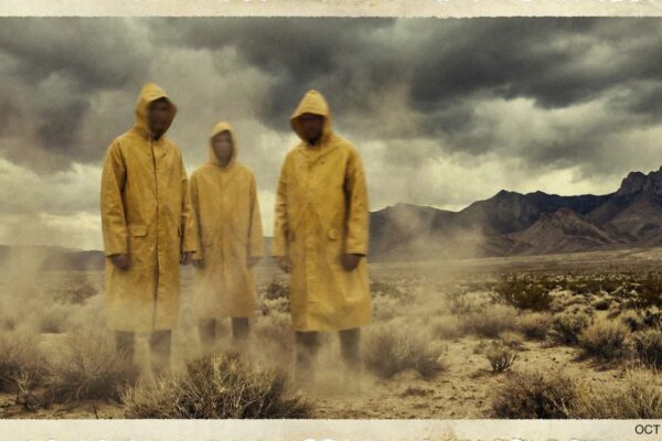 Arte conceptual estilo fotografía vintage granulada de los años 70, mostrando tres figuras humanoides altas y rubias con impermeables amarillos en un desierto tormentoso, representando a los "seres nórdicos" de la Zona del Silencio.