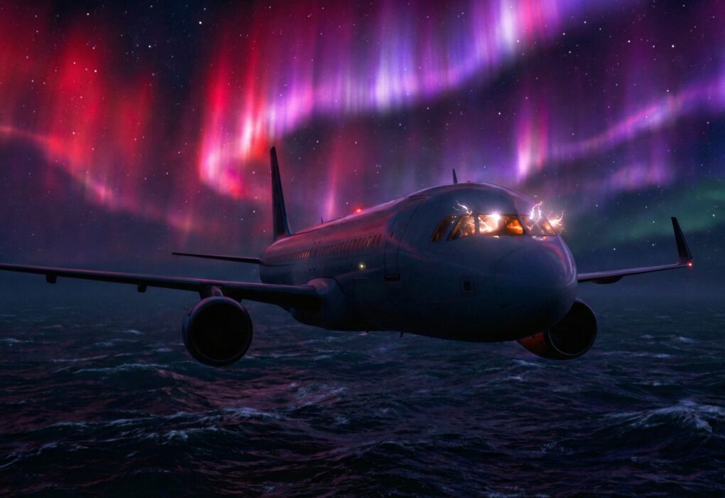 Avión comercial volando bajo tormenta solar evento carrington.