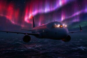 Avión comercial volando bajo tormenta solar evento carrington.