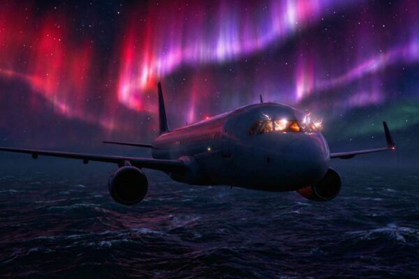 Avión comercial volando bajo tormenta solar evento carrington.