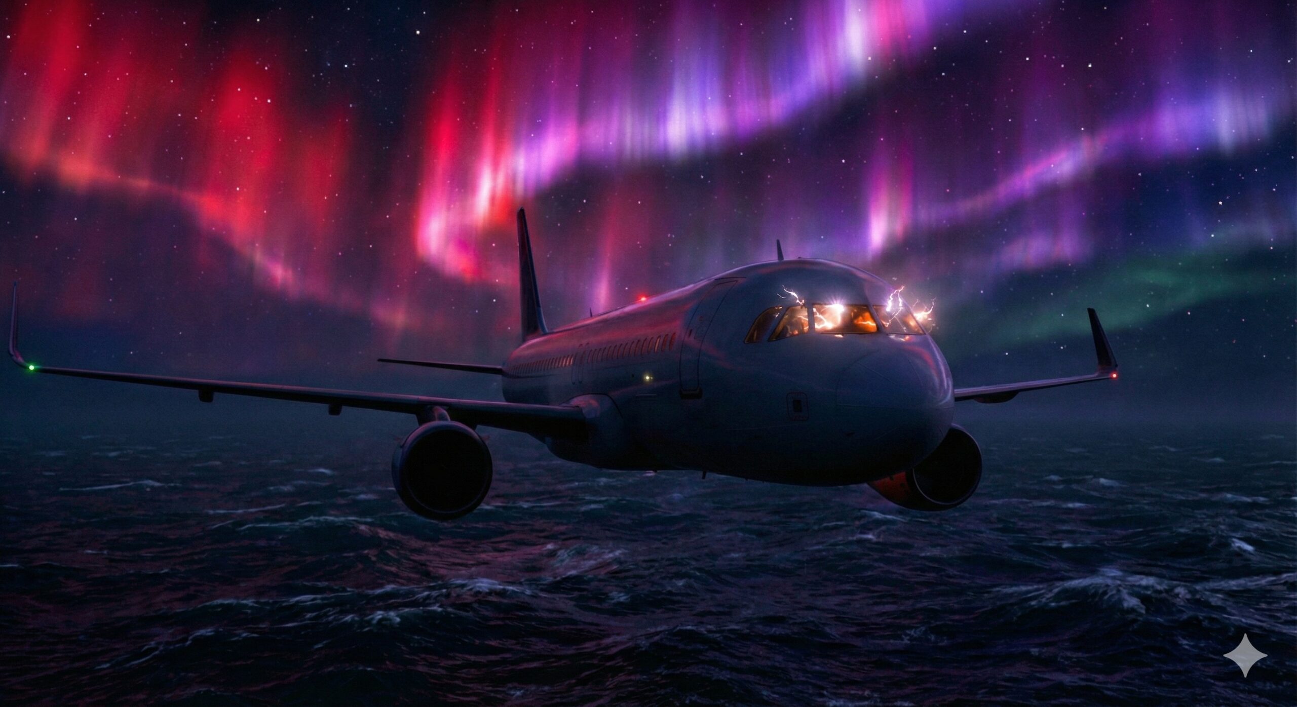 Avión comercial volando bajo tormenta solar evento carrington.