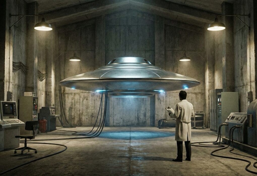 Ilustración hangar subterráneo S-4 platillo volador Bob Lazar ingeniería inversa.