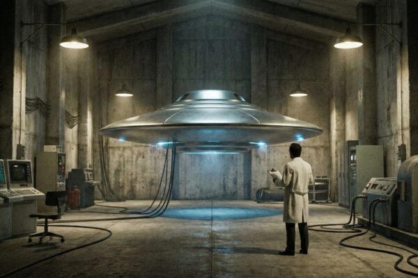 Ilustración hangar subterráneo S-4 platillo volador Bob Lazar ingeniería inversa.