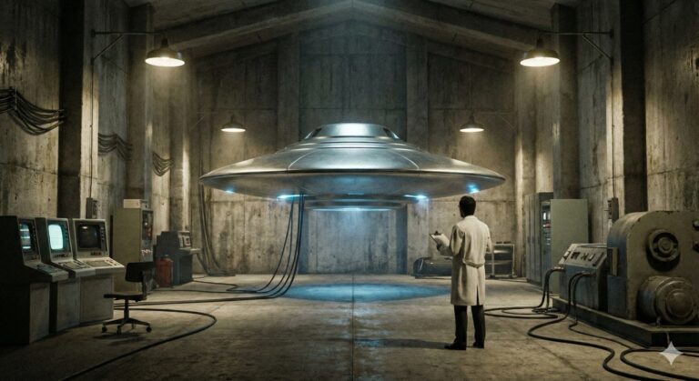 Ilustración hangar subterráneo S-4 platillo volador Bob Lazar ingeniería inversa.