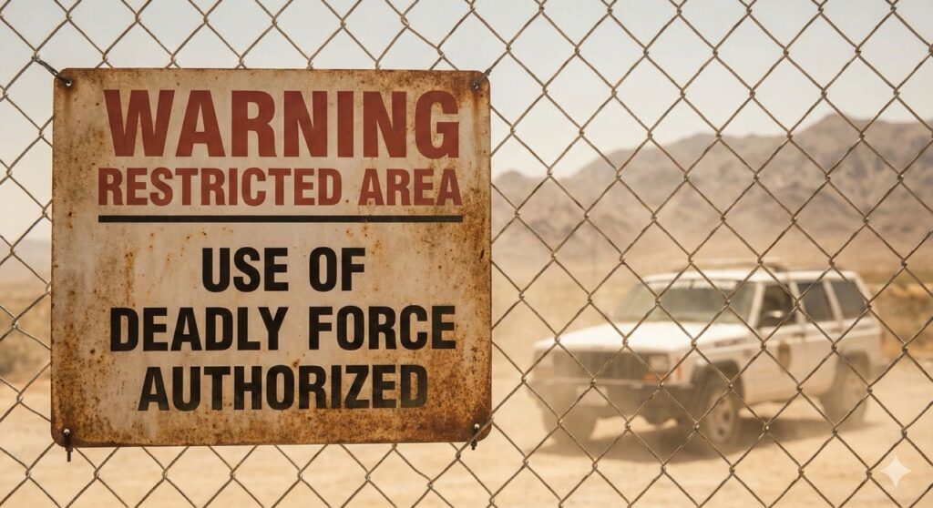Cartel de advertencia uso fuerza letal Área 51 frontera desierto Nevada.