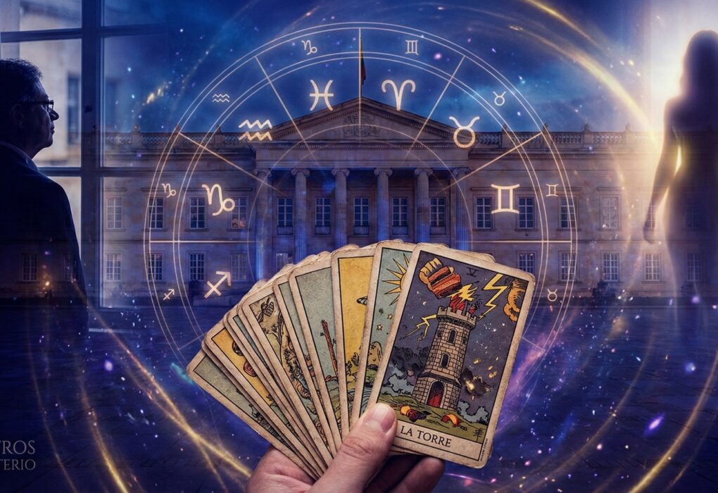 Ilustración esotérica frente a la Casa de Nariño: mano sosteniendo la carta del tarot La Torre, silueta del presidente Gustavo Petro mirando por la ventana y una figura femenina luminosa a la derecha, rodeados por una rueda zodiacal brillante.