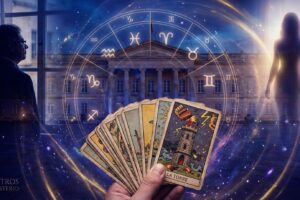 Ilustración esotérica frente a la Casa de Nariño: mano sosteniendo la carta del tarot La Torre, silueta del presidente Gustavo Petro mirando por la ventana y una figura femenina luminosa a la derecha, rodeados por una rueda zodiacal brillante.