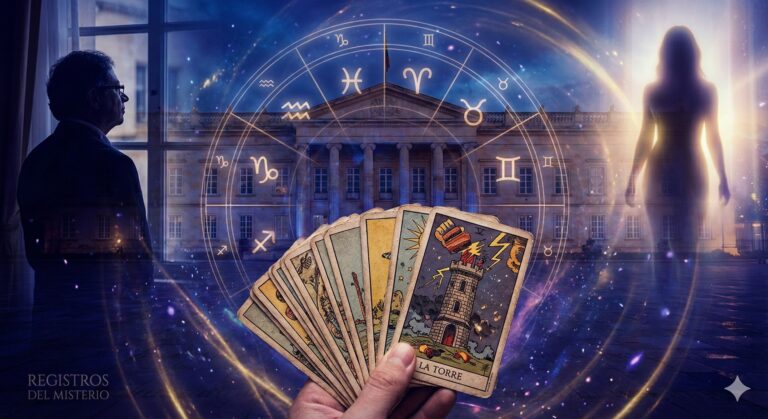 Ilustración esotérica frente a la Casa de Nariño: mano sosteniendo la carta del tarot La Torre, silueta del presidente Gustavo Petro mirando por la ventana y una figura femenina luminosa a la derecha, rodeados por una rueda zodiacal brillante.