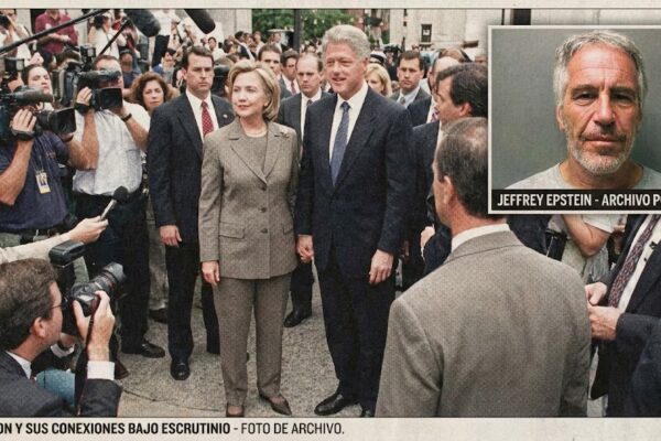 Fotografía de archivo de Hillary y Bill Clinton rodeados de prensa, con un recuadro superpuesto mostrando una foto policial de Jeffrey Epstein. La imagen ilustra el escrutinio sobre sus conexiones, incluyendo vínculos con Epstein y figuras como John Podesta.