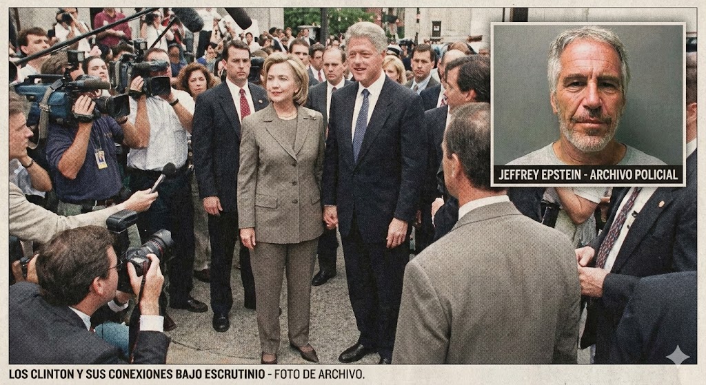 Fotografía de archivo de Hillary y Bill Clinton rodeados de prensa, con un recuadro superpuesto mostrando una foto policial de Jeffrey Epstein. La imagen ilustra el escrutinio sobre sus conexiones, incluyendo vínculos con Epstein y figuras como John Podesta.