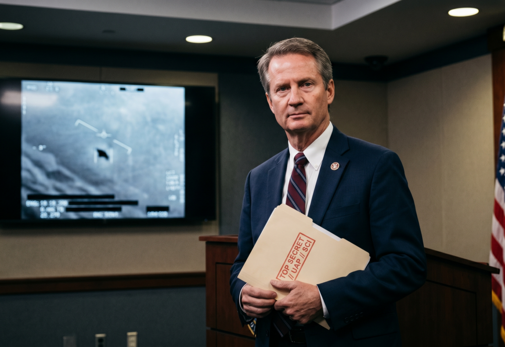 Fotografía fotorrealista de un hombre con traje azul marino, que se asemeja al representante de EE. UU. Tim Burchett, de pie en una sala de conferencias del Pentágono. Sostiene una carpeta de manila estampada en rojo con el texto "TOP SECRET // UAP // SCI". Al fondo, una gran pantalla de TV muestra una imagen infrarroja granulada del video de un UAP (Fenómeno Anómalo No Identificado) del Pentágono, y a la derecha hay una bandera estadounidense.