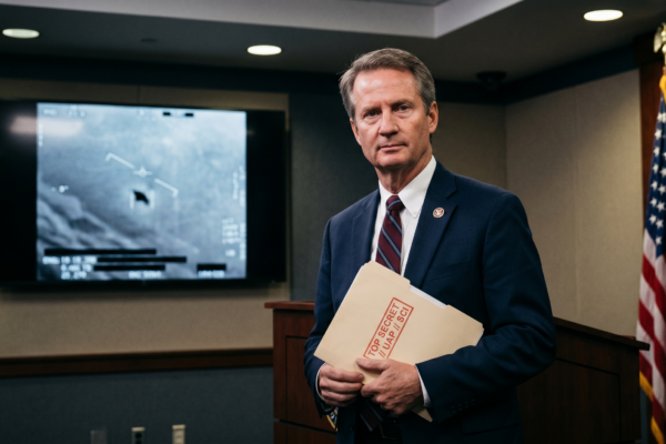 Fotografía fotorrealista de un hombre con traje azul marino, que se asemeja al representante de EE. UU. Tim Burchett, de pie en una sala de conferencias del Pentágono. Sostiene una carpeta de manila estampada en rojo con el texto "TOP SECRET // UAP // SCI". Al fondo, una gran pantalla de TV muestra una imagen infrarroja granulada del video de un UAP (Fenómeno Anómalo No Identificado) del Pentágono, y a la derecha hay una bandera estadounidense.