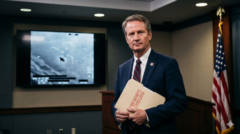 Fotografía fotorrealista de un hombre con traje azul marino, que se asemeja al representante de EE. UU. Tim Burchett, de pie en una sala de conferencias del Pentágono. Sostiene una carpeta de manila estampada en rojo con el texto "TOP SECRET // UAP // SCI". Al fondo, una gran pantalla de TV muestra una imagen infrarroja granulada del video de un UAP (Fenómeno Anómalo No Identificado) del Pentágono, y a la derecha hay una bandera estadounidense.