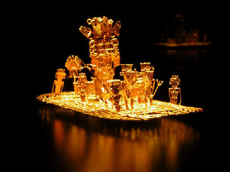 Balsa Muisca de oro brillante representando el antiguo ritual de la leyenda de El Dorado.