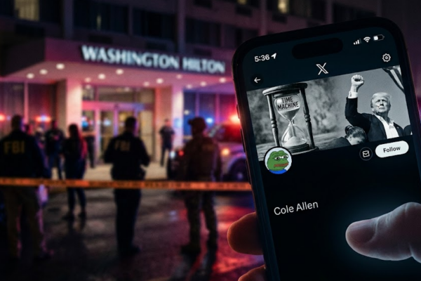 Primer plano de un teléfono inteligente que muestra el perfil de X de 'Cole Allen', con un avatar de Pepe the Frog y un encabezado con un reloj de arena de 'TIME MACHINE' y una foto de Donald Trump. El fondo es la escena del crimen del Washington Hilton con agentes del FBI por la noche.