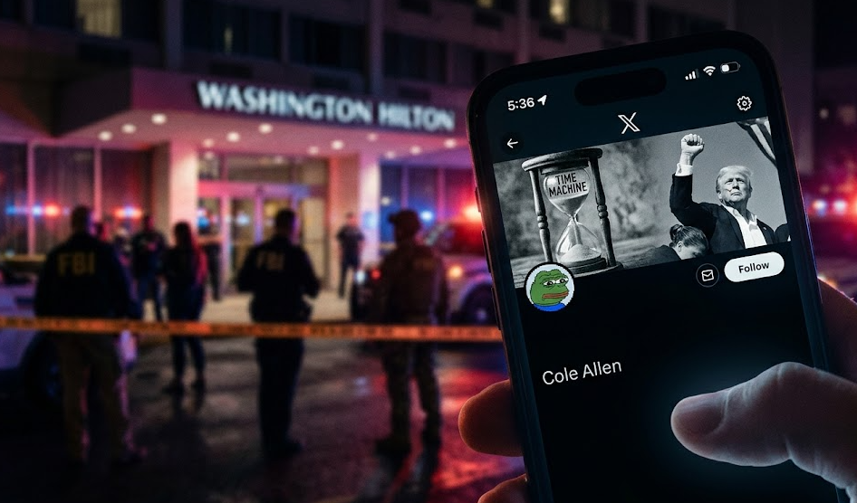 Primer plano de un teléfono inteligente que muestra el perfil de X de 'Cole Allen', con un avatar de Pepe the Frog y un encabezado con un reloj de arena de 'TIME MACHINE' y una foto de Donald Trump. El fondo es la escena del crimen del Washington Hilton con agentes del FBI por la noche.