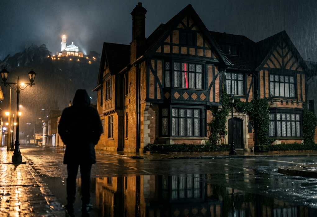 Silueta de hombre bajo la lluvia frente a casona Tudor en Teusaquillo, con Monserrate iluminado al fondo en Bogotá.