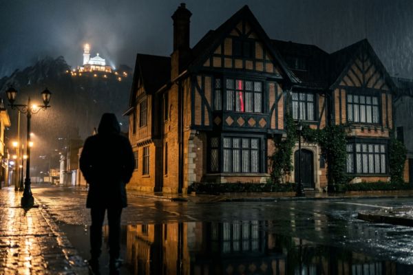 Silueta de hombre bajo la lluvia frente a casona Tudor en Teusaquillo, con Monserrate iluminado al fondo en Bogotá.