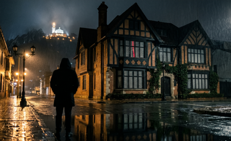 Silueta de hombre bajo la lluvia frente a casona Tudor en Teusaquillo, con Monserrate iluminado al fondo en Bogotá.