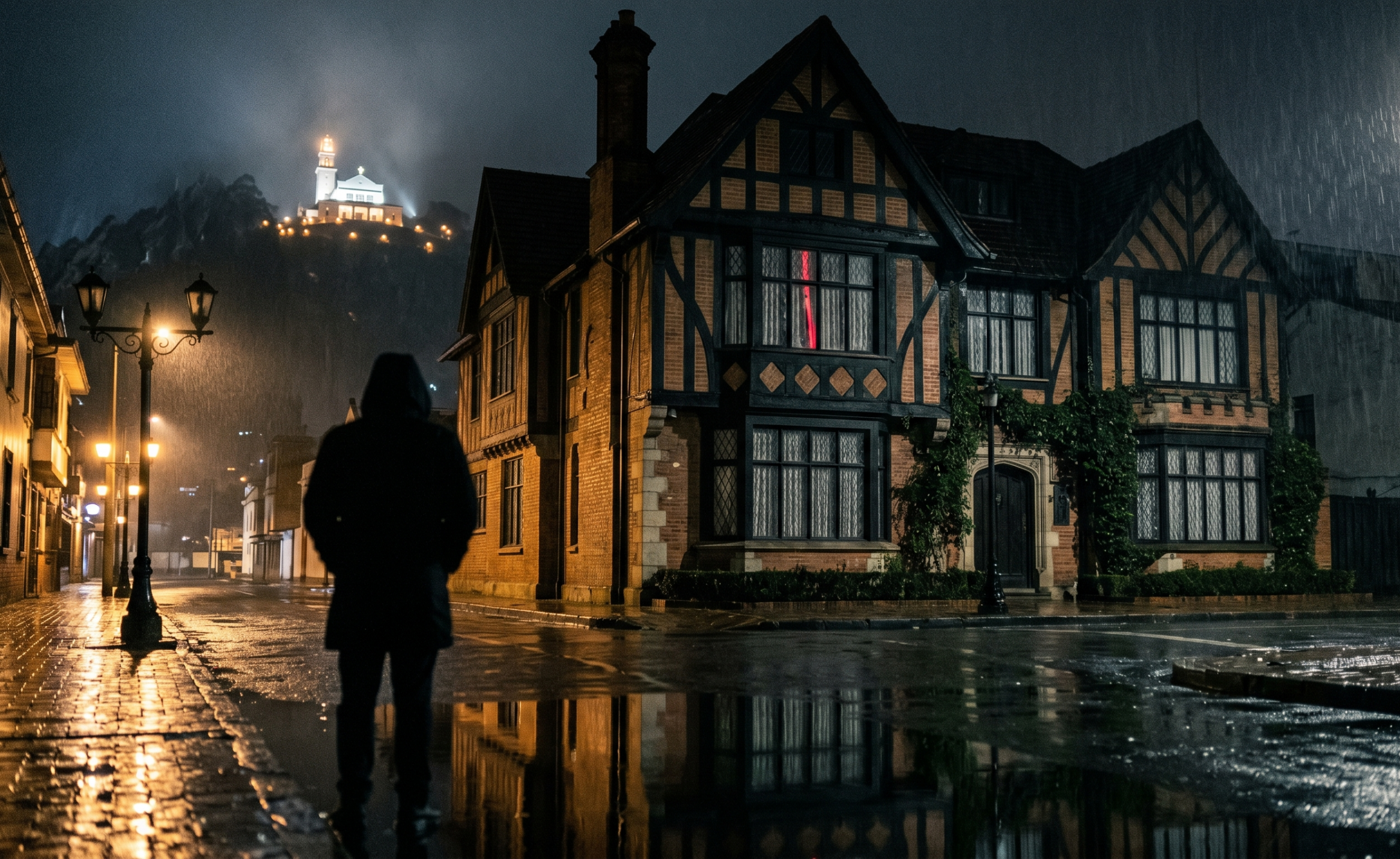 Silueta de hombre bajo la lluvia frente a casona Tudor en Teusaquillo, con Monserrate iluminado al fondo en Bogotá.