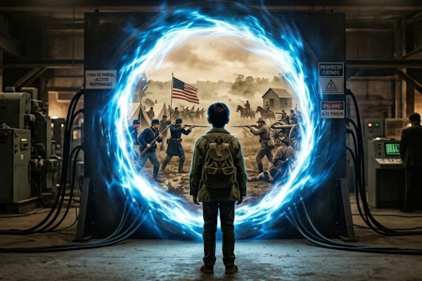Niño de espaldas en un laboratorio mirando un portal temporal circular que muestra una batalla de la Guerra Civil Americana.