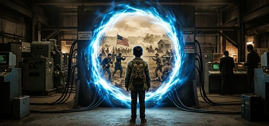 Niño de espaldas en un laboratorio mirando un portal temporal circular que muestra una batalla de la Guerra Civil Americana.