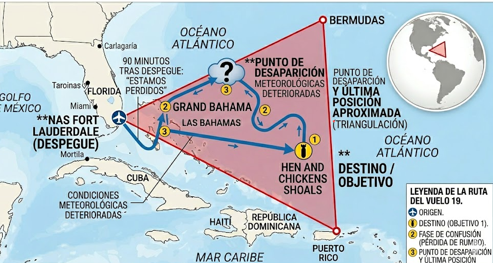 Recreacion de la ruta que siguio el Vuelo 19 durante el despegue y su desaparicion. 