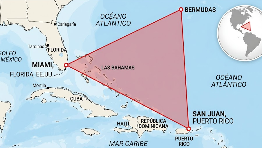 Mapa del Triángulo de las Bermudas mostrando los tres vértices entre Miami, Bermudas y Puerto Rico sobre el Atlántico