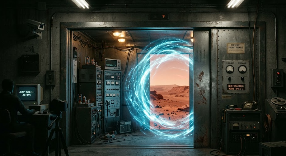 Una sala de control industrial de aspecto retro con equipos analógicos antiguos. En el centro, una puerta industrial se abre a un portal circular brillante de luz azul. A través del portal, se ve un paisaje desértico marciano. Una persona está sentada a la izquierda frente a una pantalla que dice "PROJ PEGASUS". En la pared de la derecha hay un panel con el texto "TOP SECRET PROJECT PEGASUS". Una pantalla pequeña en primer plano dice "JUMP ROOM ACTIVE".