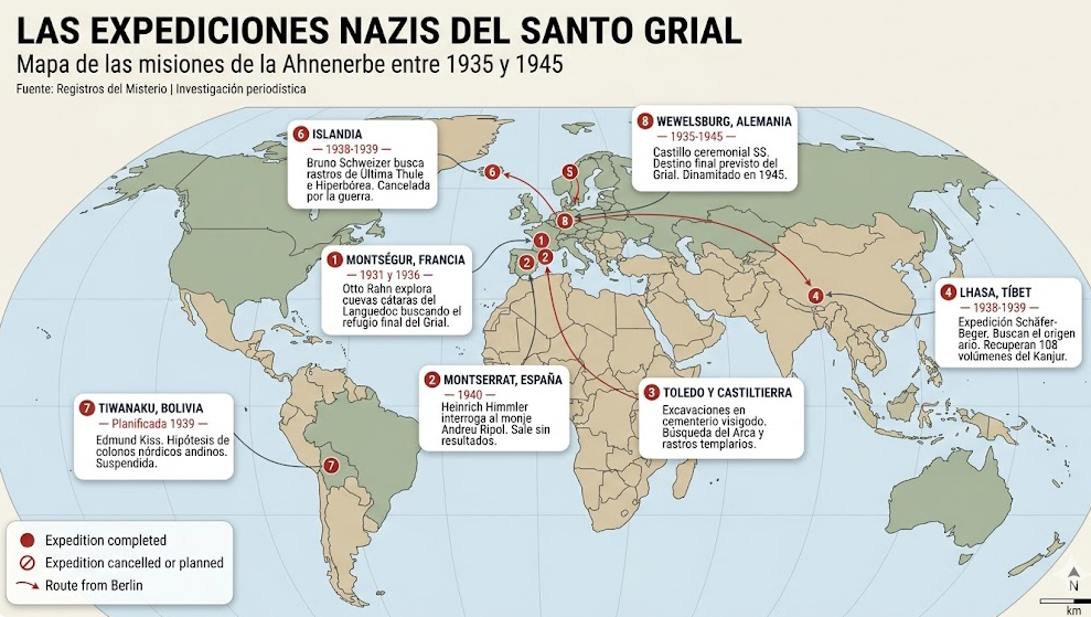 Mapa de las expediciones del grial por los Nazis
