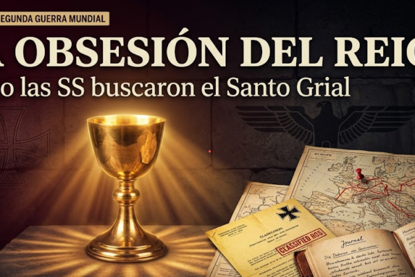 Ilustración editorial del Santo Grial iluminado sobre una mesa de piedra, rodeado de mapas militares y documentos clasificados nazis. Incluye el titular "La Obsesión del Reich: Cómo las SS buscaron el Santo Grial".