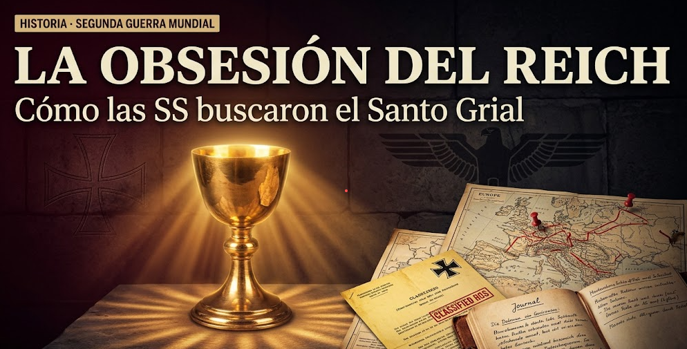 Ilustración editorial del Santo Grial iluminado sobre una mesa de piedra, rodeado de mapas militares y documentos clasificados nazis. Incluye el titular "La Obsesión del Reich: Cómo las SS buscaron el Santo Grial".