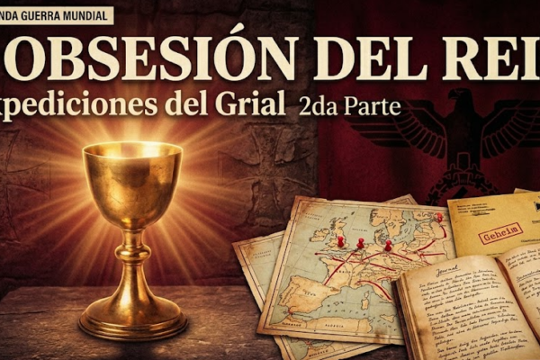 Portada de documental de historia titulada 'LA OBSESIÓN DEL REICH: Las expediciones del Grial'. La imagen muestra un cáliz dorado resplandeciente del Santo Grial centrado sobre mapas de Europa con rutas marcadas, documentos clasificados 'Geheim' de la Alemania Nazi con insignias del Reich y un diario abierto. Fondo de pared de piedra antigua con cruz templaria.